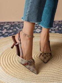 Fall/Winter 2025 Women's High Heeled Pointed Toe Shoes With Buckle, Retro Vintage Floral Embroidery And Back Straps,Kitten Heels,Elegant,Women Pumps,Elegant - Coffee Brown - View 4