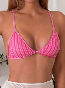 Swim Mod Ladies' Summer Beach Solid Color Spaghetti Strap Bikini Top With Adjustable Shoulder Straps - Hot Pink - View 5