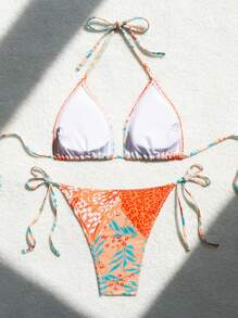 SHEIN Swim Summer Patchwork Printing Halterneck Bikini Set