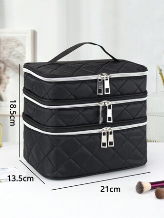 1個多功能黑色布料大容量三層旅行分層收納化妝包,時尚的顏色和風格,適用於旅行和家居使用