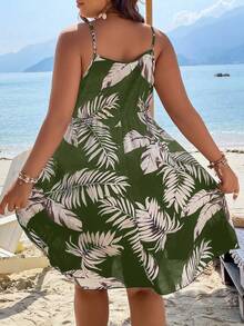 SHEIN Holidaya Kích thước lớn Bản in lá Giải trí Ngày lễ Phong cách Váy dây - màu xanh lá - Xem 2