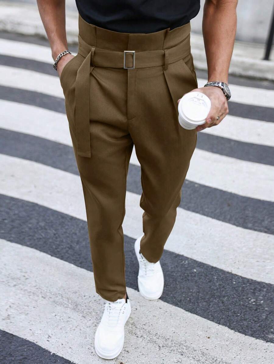 Manfinity Mode Men's Solid Color Trousers With Side Pockets - Brown - View 1