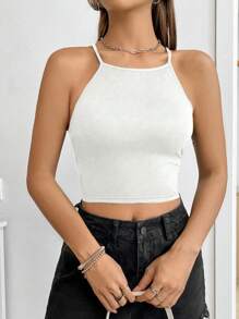 SHEIN Unity Của phụ nữ Màu thuần Không lưng Áo hai dây Với Buộc lại - trắng - Xem 3