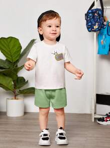 SHEIN Bebis Pojkar Tecknad Film Bokstavstryck Runda Hals T-shirts Med Regelbunden Shorts Set - Grön - Visa 2