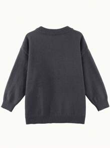 Women's Solid Colored V-Neck Oversized Sweater With Graphic Print And Drop Shoulder - Grey - View 3