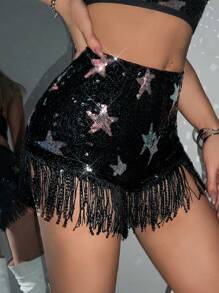 SHEIN ICON Y2k Summer Slim Fit Low Waist Star Sequin Tassel Mini Shorts Country Concert Outfit,Music Festival Festival Outfits,Suitable For Summer,Spring Outfit