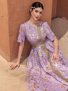 Al Najma Vestido De Mujer Con Decoración De Encaje Soluble En Agua Impreso Dorado - Morado - Ver 7