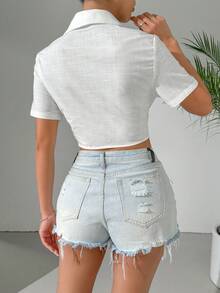 SHEIN EZwear Áo cánh ngắn thắt nút tháo rời dệt màu trắng dành cho nữ - trắng - Xem 2