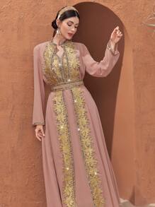 Al Najma Round Neck Hollow Out Design Patchwork Soluble Lace Dress Kaftan Jalabiya Dress - Dusty Pink - View 7
