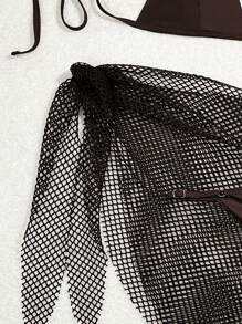 SHEIN Swim 3 件套女士纯色吊带比基尼套装上衣、泳裤和罩裙比基尼套装、夏季海滩泳衣 - 咖啡棕 - 查看 3