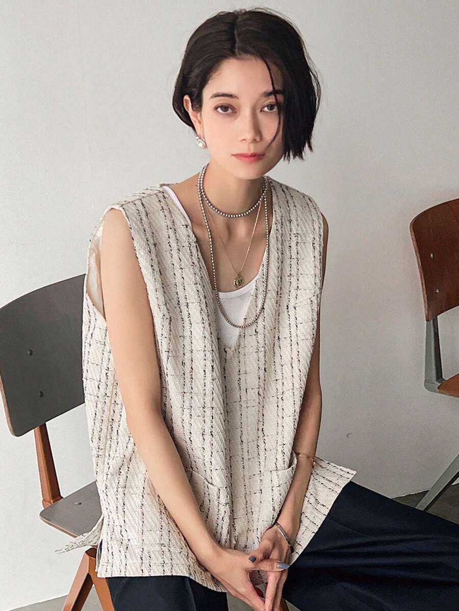 FRIFUL Áo khoác chui đầu không tay cổ chữ V màu tương phản dành cho nữ, dáng vừa vặn - trắng - Xem 1