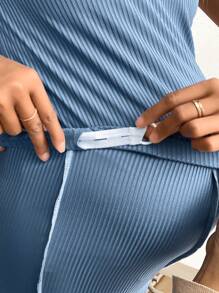 SHEIN Maternity Contrast Stitching Waist Adjustable Two-Piece Suits - Blue - View 3