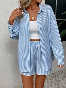 Breezaya Women's Striped Drop Shoulder Shirt And Shorts Set - Multicolor - View 3