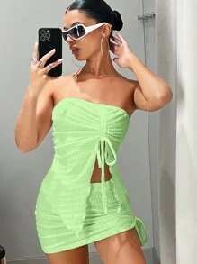 SHEIN ICON 前抽绳抹胸和紧身裙两件套 - 薄荷綠 - 查看 3