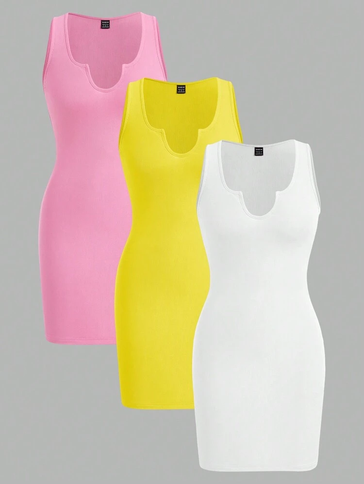 Music Festival Casual 3pcs Notch Neck Sleeveless Badycon Ribbed Summer Dress