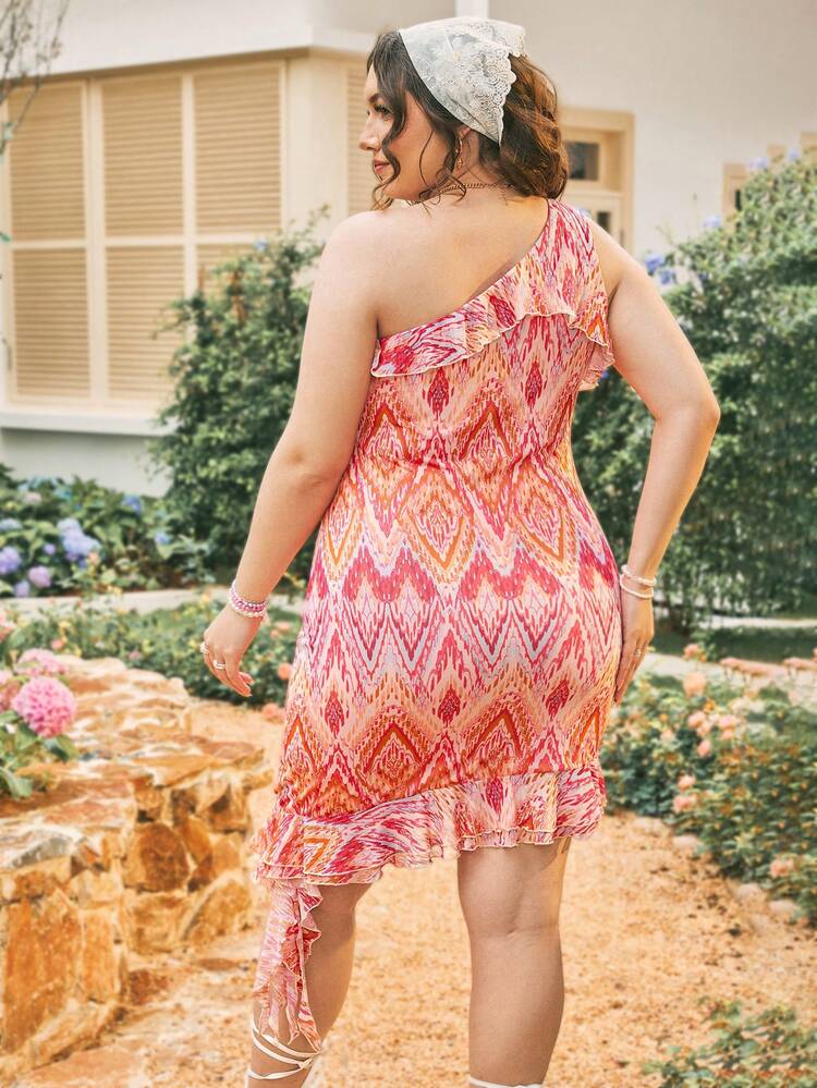 Plus Size Vintage Printed Dress With Asymmetrical Hem And Ruffled Edges