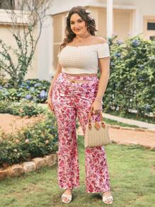 Dreamara Pantalones rectos románticos de estilo vacacional para mujer talla grande con cintura elástica, detalles de volantes, tejido elástico de punto y estampado floral diminuto - Multicolor - Ver 4