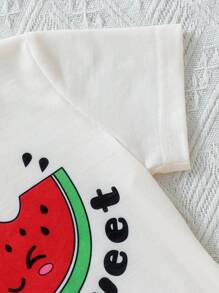 SHEIN Bộ váy in hình dưa hấu giản dị và thoải mái cho bé gái có diềm xếp, hoàn hảo để mặc hàng ngày, xuân hè - Đỏ - Xem 4