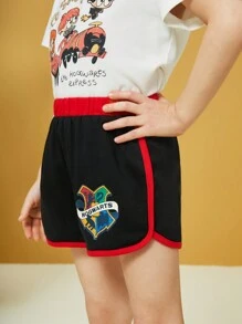 HARRY POTTER X SHEIN Chica Joven Pantalones Cortos De Delfines Impresos Con Cintura Elástica Y Emblema