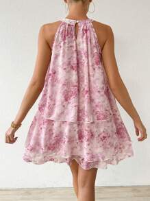 SHEIN Privé Women's Three-Tier Ruffle Trim Floral Print A-Line Halter Dress - Multicolor - View 2