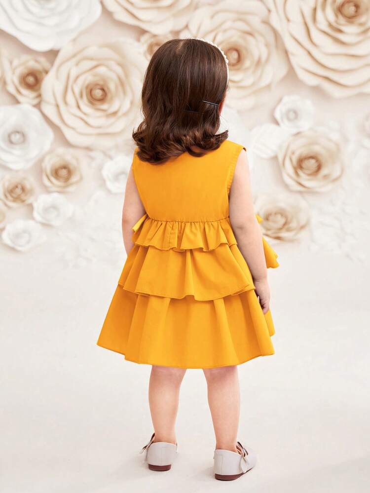 Baby Girl Casual Solid Color Short Sleeveless Cake Dress With Stand Collar And Waistline