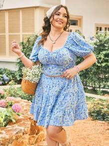 Dreamara Women's Plus Size Vacation Style Short Sleeve Back Tie Cropped Top And Skirt Set With Ditsy Floral Print