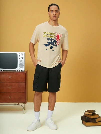 HARRY POTTER X SHEIN Camiseta De Manga Corta Suelta Y Holgada Con Diseño Gráfico De Hogwarts De Punto Informal Para Hombres