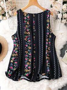 Plus Floral Print Graphic Tank Top, Women Top, Summer - Black - View 2