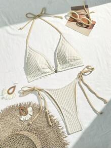 SHEIN Swim 女士纯色比基尼套装，细绳两件套比基尼套装泳装泳衣沙滩装夏季度假夏日海滩 - 米色 - 查看 4