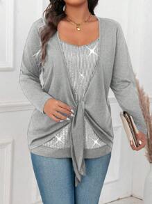 Celure Plus Size Women's Sequin Patchwork Waist Tie Long Sleeve T-Shirt - Grey - View 3