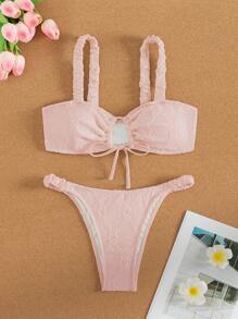 SHEIN Swim Summer Beach Women's Solid Color Textured Bust Ruched Knot Bikini Set - Pink - View 3