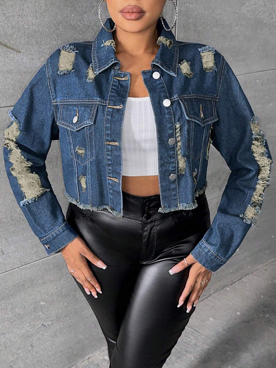 SHEIN SXY Kích thước lớn Rách Ngắn Áo khoác denim - Rửa trung bình - Xem 1
