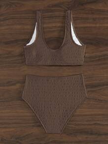 SHEIN Swim Summer Beach Women's Circular Link Textured Bikini Set - Coffee Brown - View 2