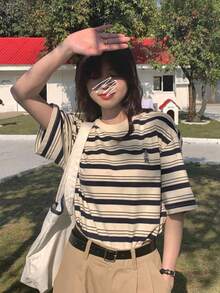 隨機條紋印花下垂肩短袖t恤