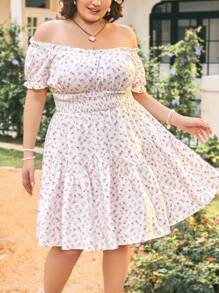 Dreamara Vestido romántico de línea A estampado con flores rosadas, de hombros descubiertos, con mangas con volantes y cintura ajustada, para vacaciones en el campo para tallas grandes en verano