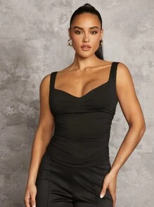 SHEIN BAE Summer One Piece Tank Top Love Collar Black Gathered Bodycon Tank Top