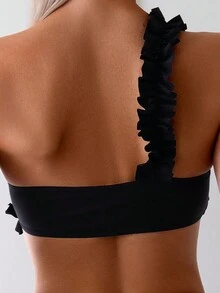 SHEIN Swim Áo bikini nữ màu trơn có bèo nhún, cổ bất đối xứng, đồ bơi đi biển mùa hè, đồ bơi mùa hè. - màu đen - Xem 2