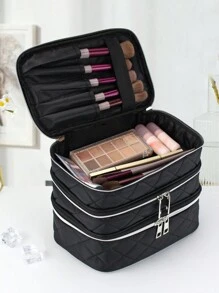 1個多功能黑色布料大容量三層旅行分層收納化妝包,時尚的顏色和風格,適用於旅行和家居使用 - 黑色 - 查看 5