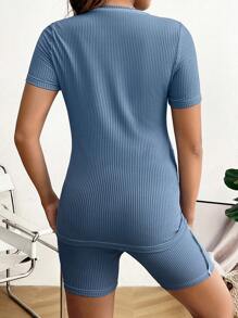 SHEIN Maternity Contrast Stitching Waist Adjustable Two-Piece Suits - Blue - View 2