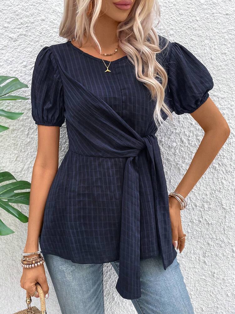 Ladies' Short Sleeve Round Neck Tie-Front Summer Blouse