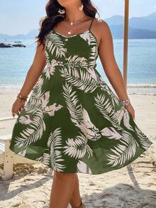 SHEIN Holidaya Kích thước lớn Bản in lá Giải trí Ngày lễ Phong cách Váy dây - màu xanh lá - Xem 4