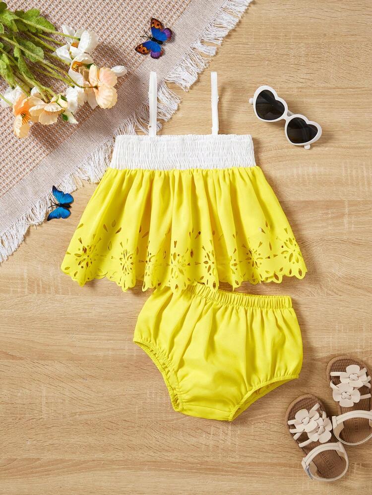 Baby Girl Cute Halter Top & Shorts Set, Perfect For Summer Vacation, Patchwork & Hollow Flower Design
