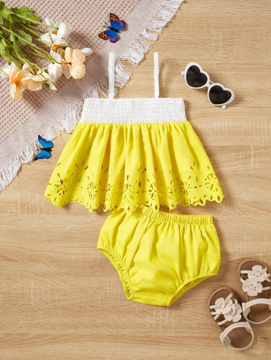 SHEIN Bộ áo dây và quần đùi dễ thương cho bé gái, hoàn hảo cho kỳ nghỉ hè, thiết kế chắp vá & hoa rỗng - Màu vàng - Xem 1