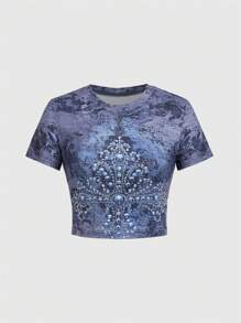 ROMWE Tie-Dye Cross Print Rhinestones Embellished Cropped Slim Fit T-Shirt - Multicolor - View 1