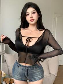 DAZY 女士露肩幻觉网眼长袖衬衫，适合派对/学校活动 - 黑色 - 查看 4