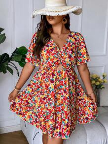 Breezaya Talla Grande Vestido Con Estampado Floral De Flor Completa, Manga Corta Con Volantes Entrecruzados Y Recortes