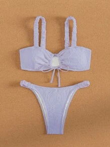 SHEIN Swim Summer Beach Women's Solid Color Crochet Hollow Out Bikini Set With Pleated Design - Mauve Purple - View 8