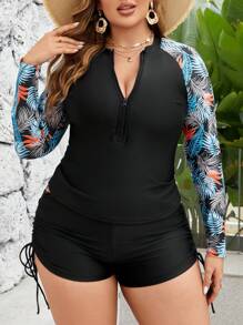 Swim SPRTY Đồ bơi hai mảnh in họa tiết nhiệt đới cỡ lớn mùa hè có khóa kéo nửa phía trước, tay áo raglan, bộ đồ tắm dài tay, trang phục đi biển, áo bảo hộ chống phát ban, cảm giác kỳ nghỉ - màu đen - Xem 4