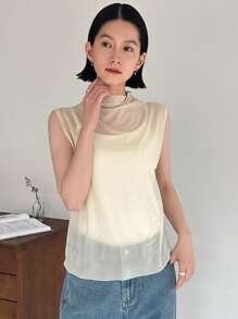 FRIFUL Women's Plain Mesh Stand Collar Tank Top - Beige - View 7