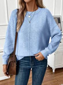 EMERY ROSE Casual Women's Drop Shoulder Round Neck Long Sleeve Sweater,Long Sleeve Tops